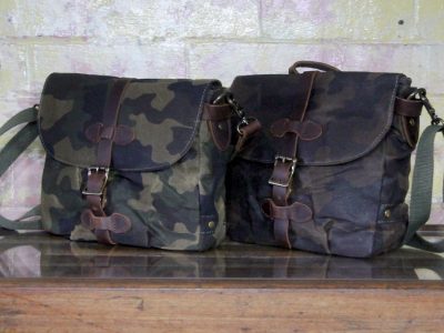 Leather and waxed canvas small satchel in light and dark camo